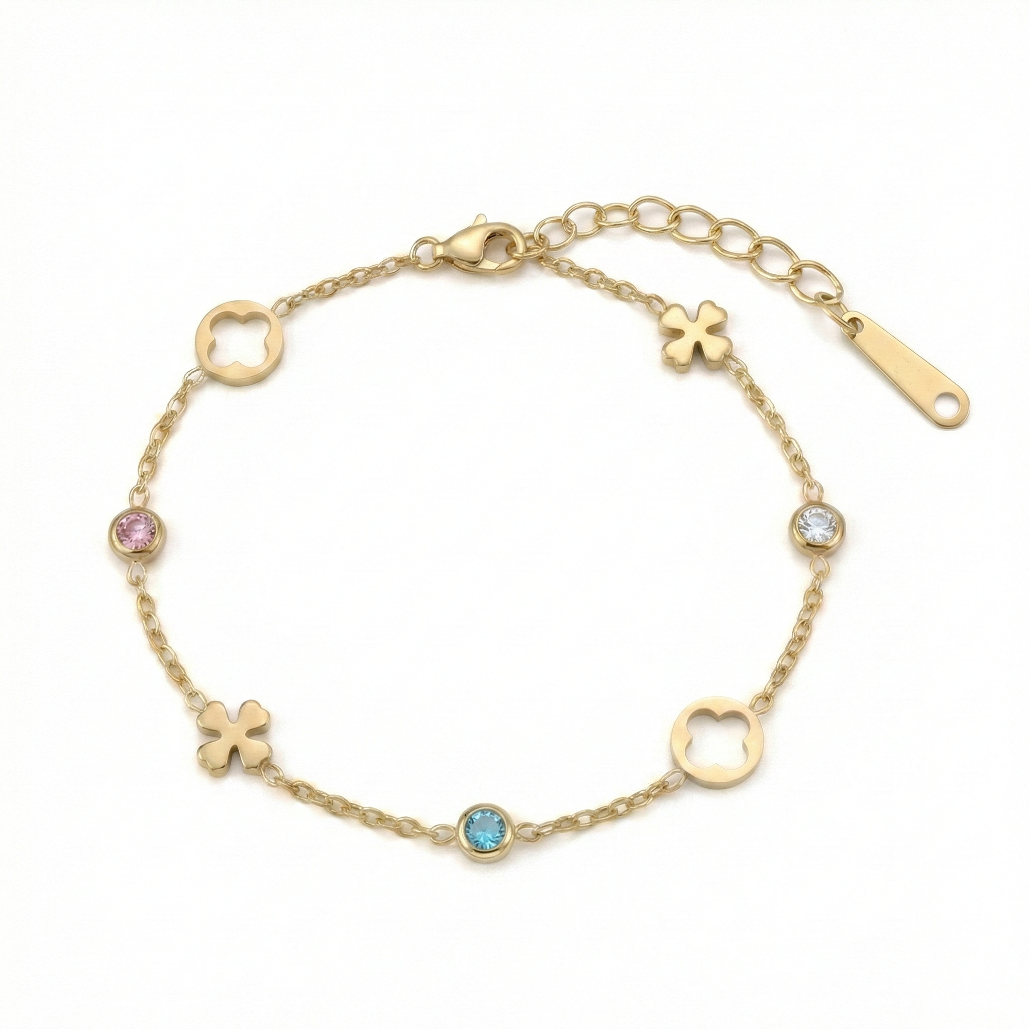 Bracelet doré 18k en acier avec motifs floraux et zircons multicolores